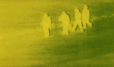 Markus Döhne: Green Screens, Refugee Series. 1999–2008, #40 – Four Men Walking, 2003, Detail. 124 x 298 x 8 cm. Stahl, Polyester und Photoemulsion (Foto: © 2013 Markus Döhne / VG BildKunst, Bonn)