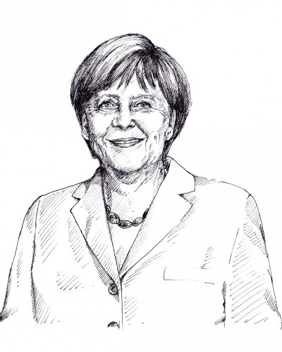 Die Kanzlerin mit dem Zeigefinger im Wind